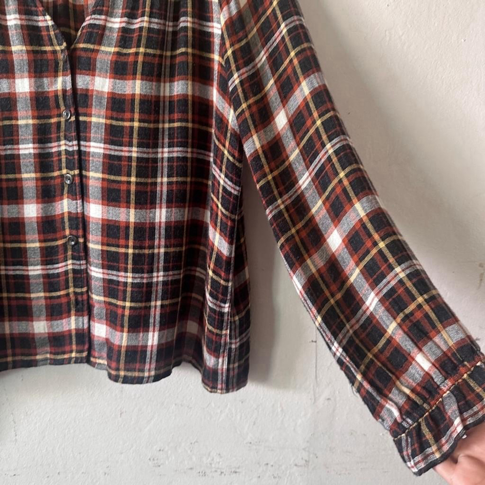 Madewell Ruffle Cuff Plaid Button Blouse Brown Rust Black Size M - Picture 6 of 9